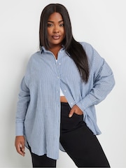 Yours Curve Blue Pinstripe Linen Shirt - Image 2 of 6