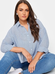 Yours Curve Blue Pinstripe Linen Shirt - Image 7 of 10