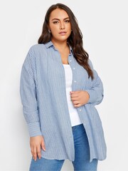 Yours Curve Blue Pinstripe Linen Shirt - Image 8 of 10