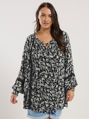 Yours Curve Black Pleated Front Long Sleeve Boho Top - Image 1 of 5