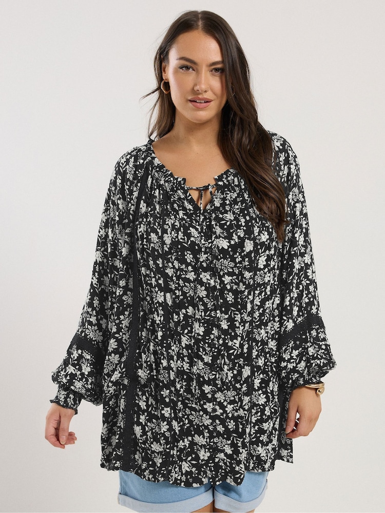 Yours Curve Black Pleated Front Long Sleeve Boho Top - Image 1 of 5