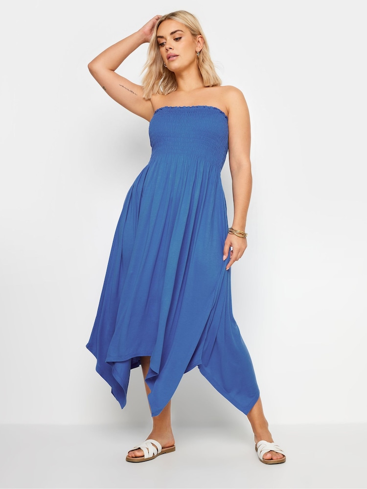 Yours Curve Blue Shirred Midi Dress - Image 1 of 5