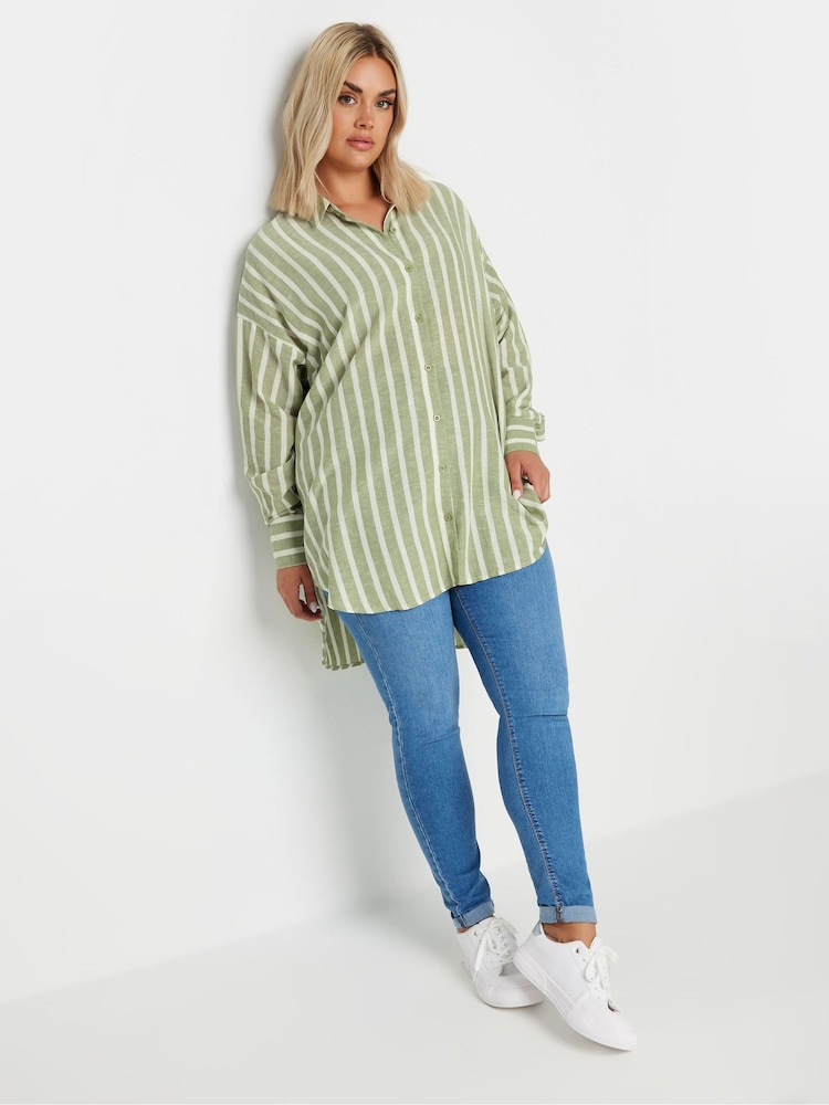 Yours Curve Green Pinstripe Linen Shirt - Image 2 of 5