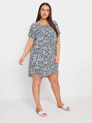 Yours Curve Navy Blue Leopard Print Shift Dress - Image 1 of 5