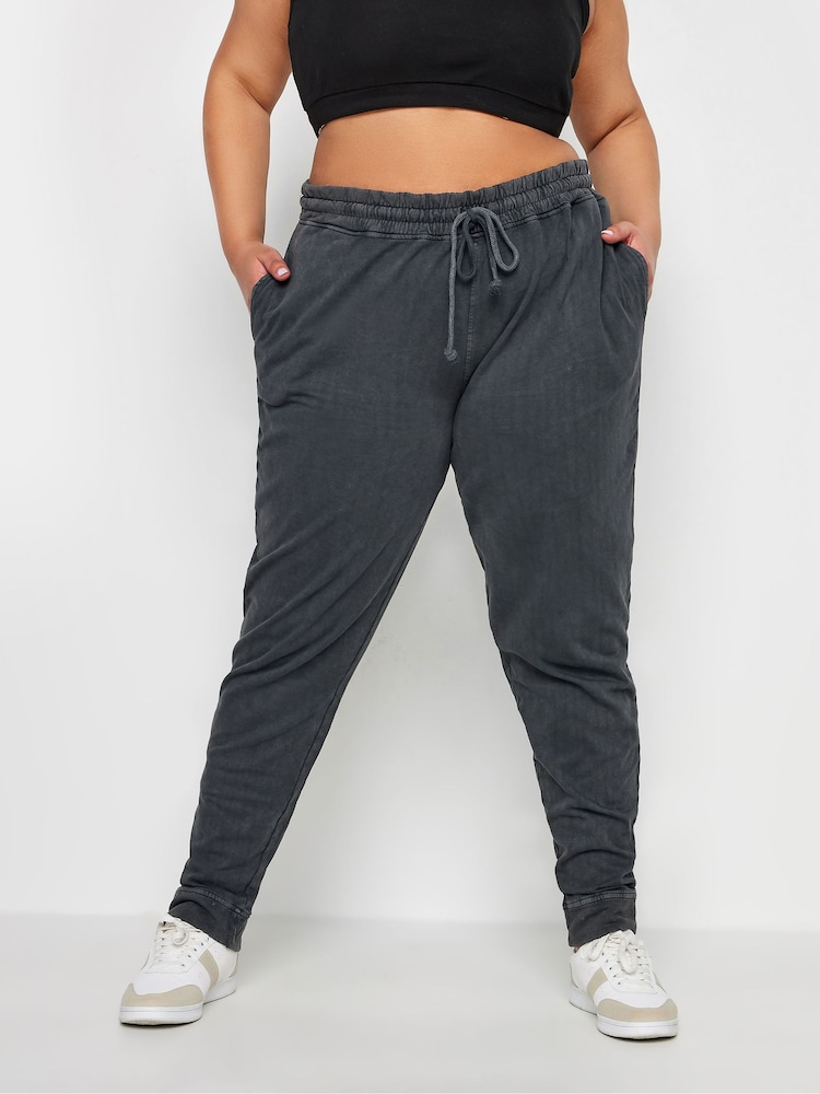 Yours Curve Grey 100% Cotton Acid Wash Joggers - Image 1 of 4