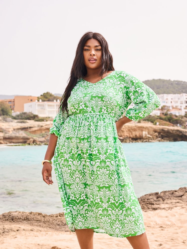 Yours Curve Green V-Neck Midaxi Dress - Image 1 of 6