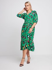 Yours Curve Green Limited Collection Leopard Print Textured Wrap Dress - Image 1 of 5