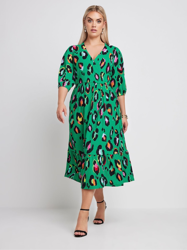 Yours Curve Green Limited Collection Leopard Print Textured Wrap Dress - Image 2 of 5