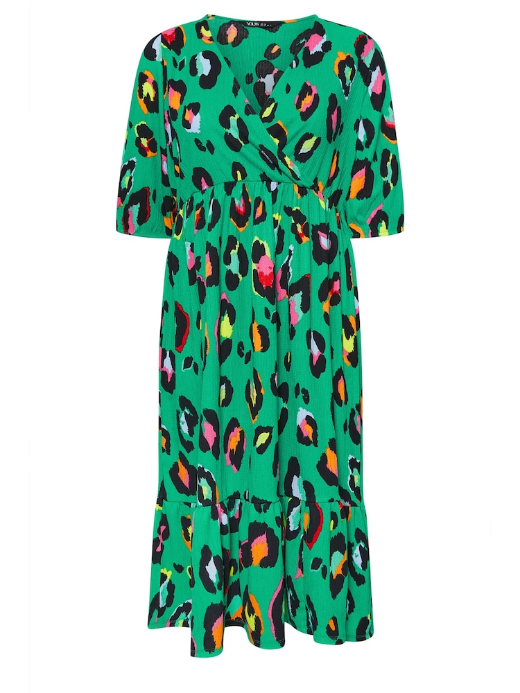 Yours Curve Green Limited Collection Leopard Print Textured Wrap Dress - Image 5 of 5