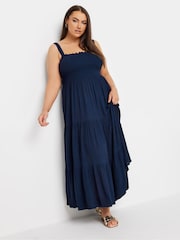 Yours Curve Blue Shirred Strappy Tiered Maxi Dress - Image 1 of 5