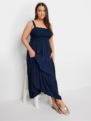 Yours Curve Blue Shirred Strappy Tiered Maxi Dress - Image 2 of 5