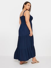 Yours Curve Blue Shirred Strappy Tiered Maxi Dress - Image 3 of 5