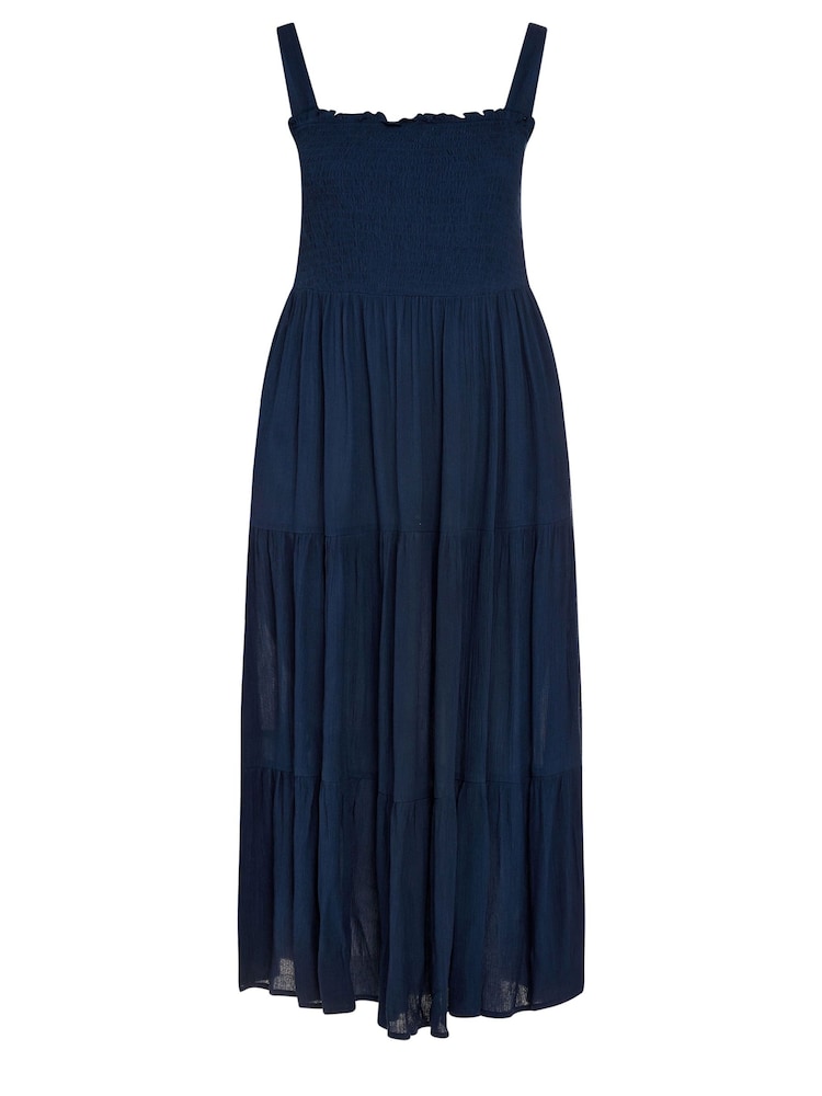 Yours Curve Blue Shirred Strappy Tiered Maxi Dress - Image 5 of 5 Yours Curve Blue Shirred Strappy Tiered Maxi Dress - Image 5 of 5