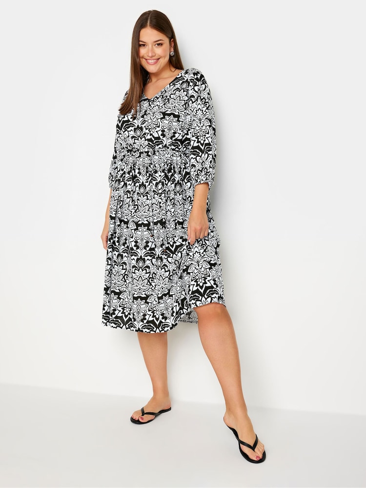 Yours Curve Black/White V-Neck Midaxi Dress - Image 1 of 5