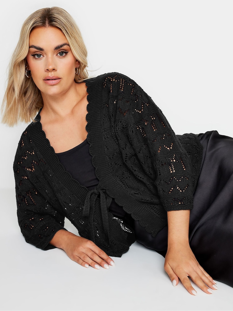 Yours Curve Black Crochet Tie Front Shrug - Image 1 of 5