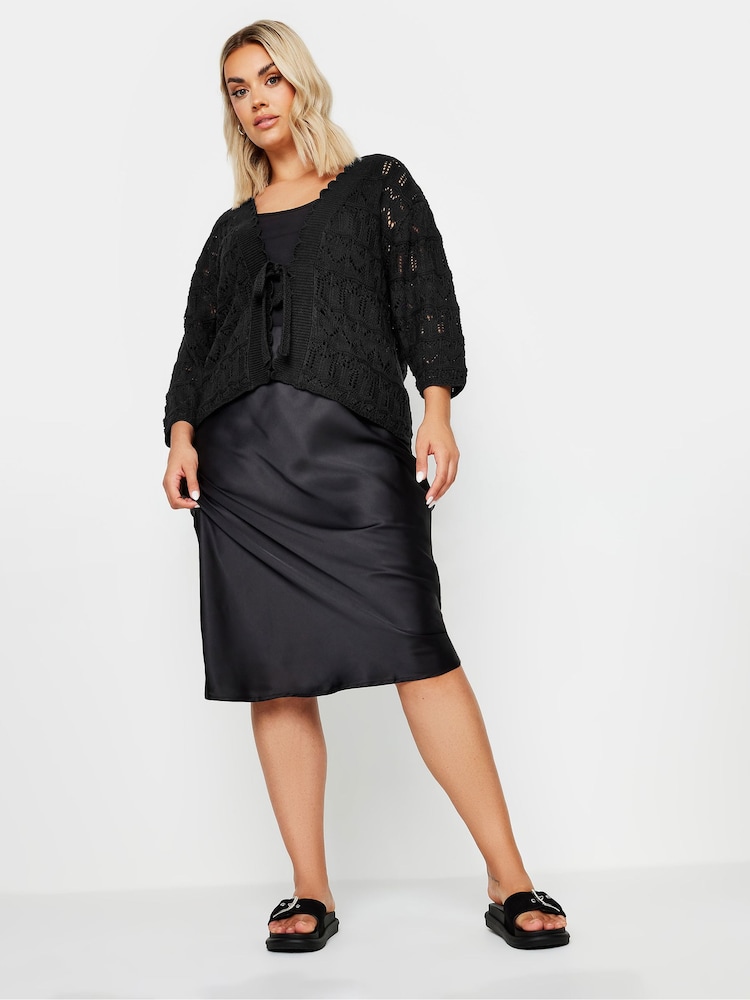 Yours Curve Black Crochet Tie Front Shrug - Image 2 of 5