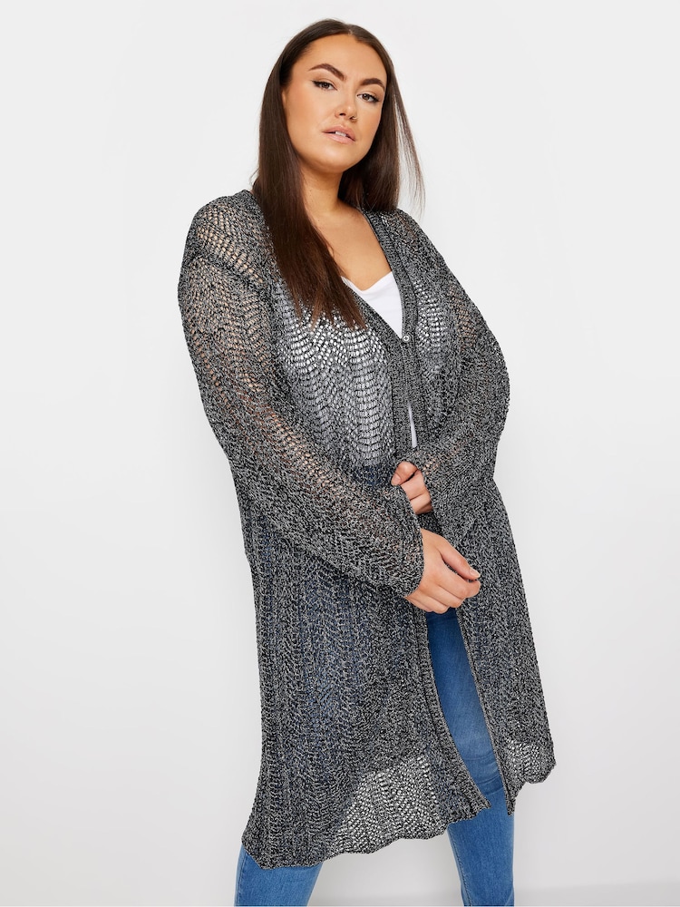 Yours Curve Black Midi Pointelle Cardigan - Image 1 of 5