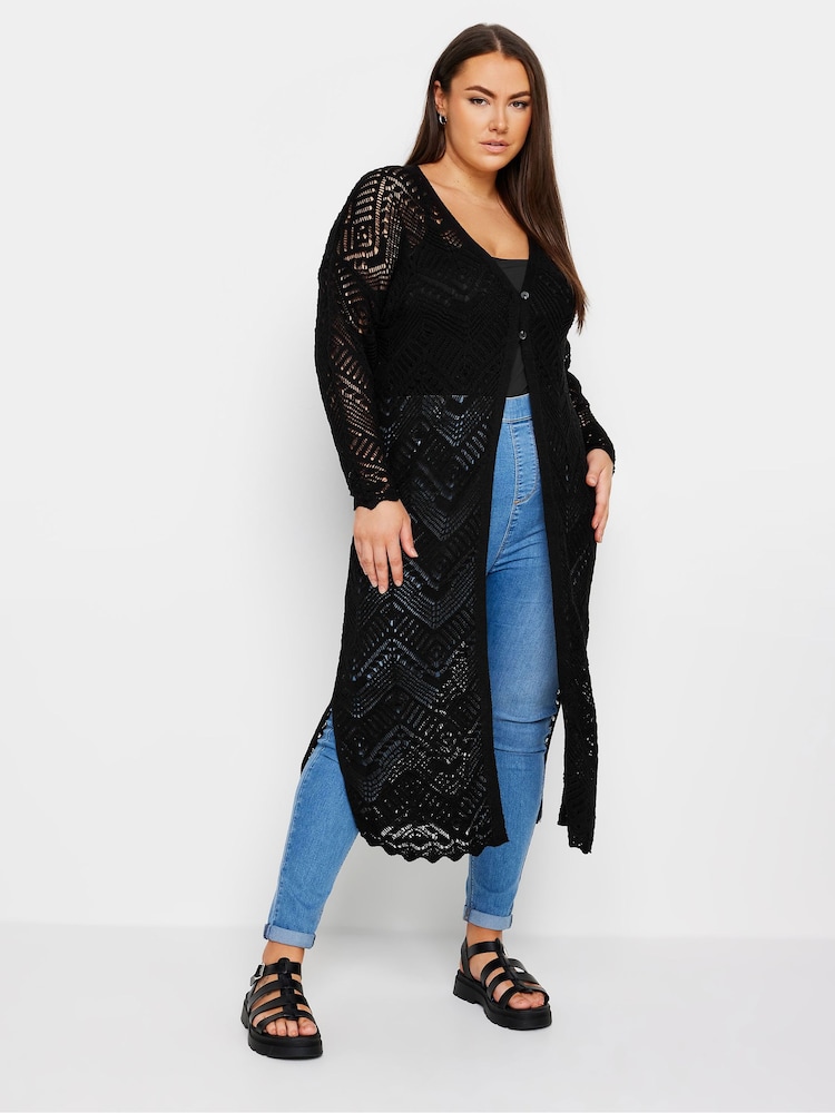 Yours Curve Black Maxi Crochet Cardigan - Image 1 of 5