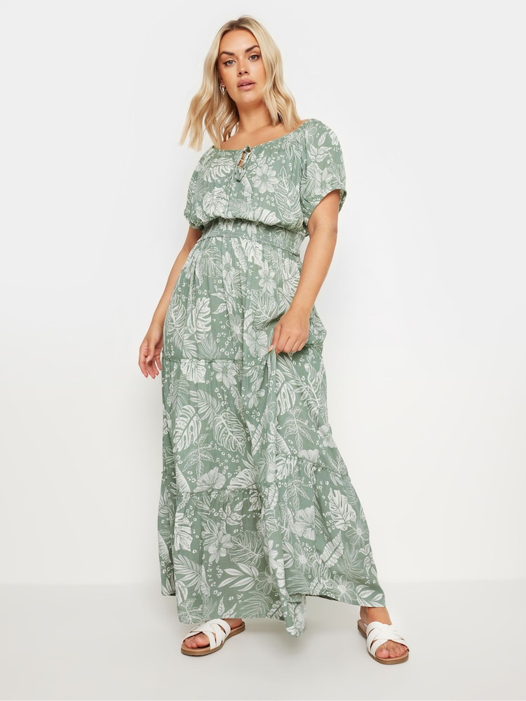 Yours Curve Green Boho Bardot Maxi Dress - Image 1 of 6