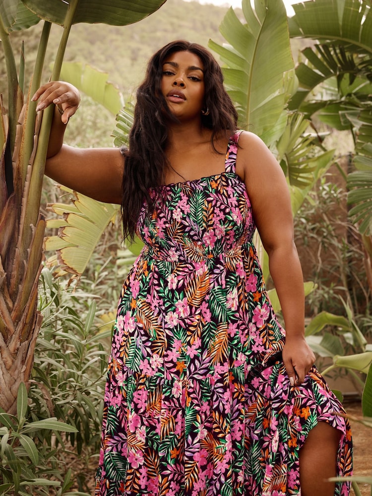 Yours Curve Black Shirred Strappy Tiered Maxi Dress - Image 1 of 7