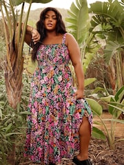 Yours Curve Black Shirred Strappy Tiered Maxi Dress - Image 2 of 7