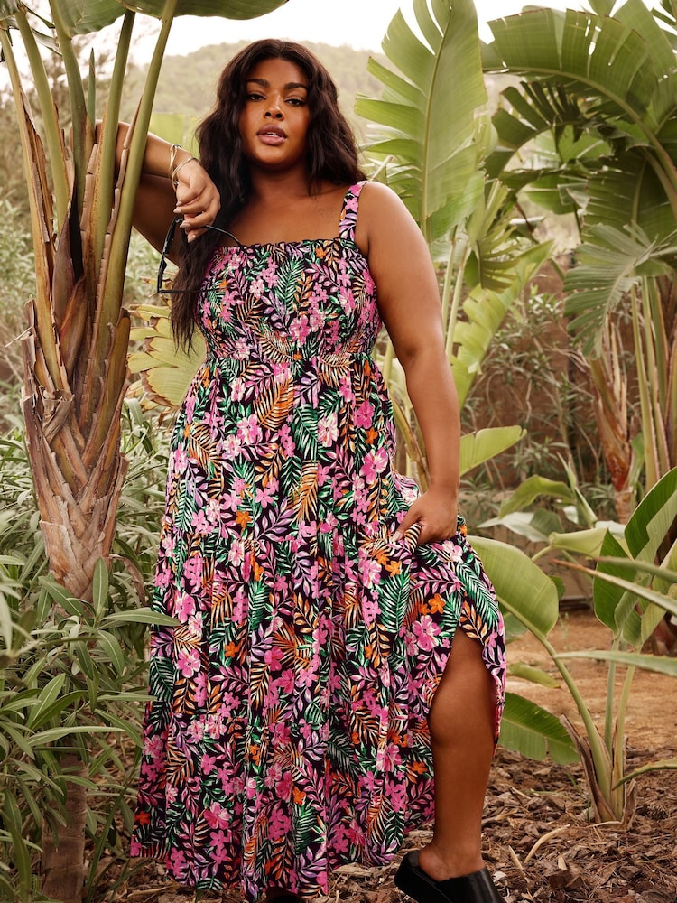 Yours Curve Black Shirred Strappy Tiered Maxi Dress - Image 2 of 7 Yours Curve Black Shirred Strappy Tiered Maxi Dress - Image 2 of 7