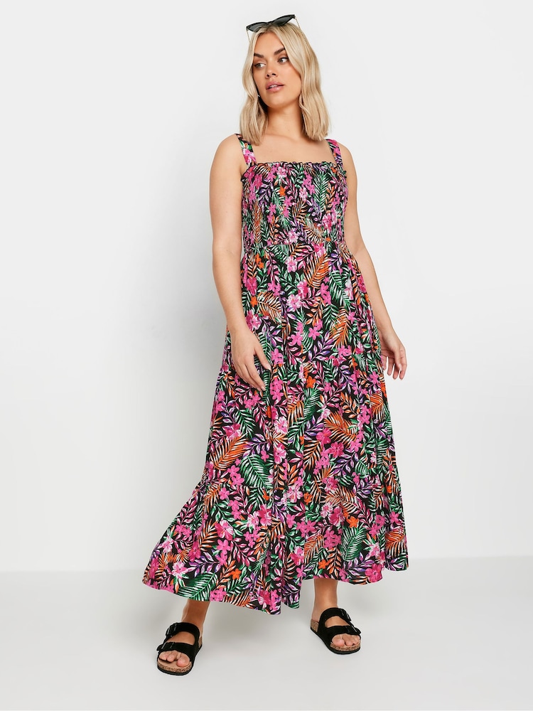 Yours Curve Black Shirred Strappy Tiered Maxi Dress - Image 3 of 7