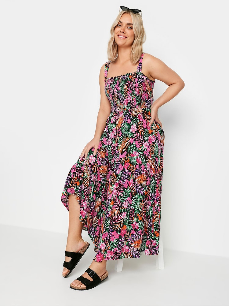 Yours Curve Black Shirred Strappy Tiered Maxi Dress - Image 4 of 7