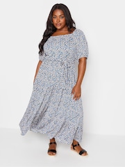 Yours Curve Blue Ditsy Floral Tiered Maxi Dress - Image 1 of 5