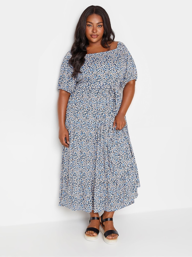 Yours Curve Blue Ditsy Floral Tiered Maxi Dress - Image 2 of 5