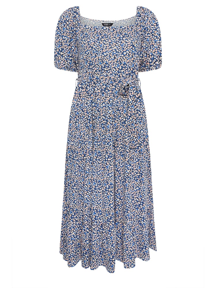 Yours Curve Blue Ditsy Floral Tiered Maxi Dress - Image 5 of 5