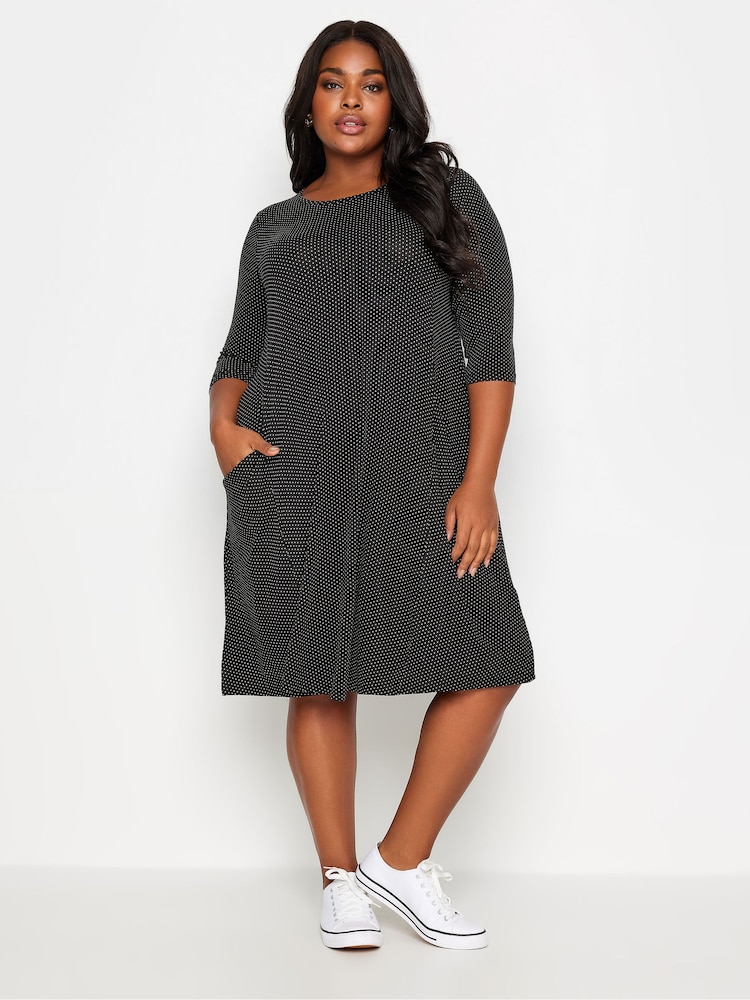Yours Curve Black Black Polka Dot Pocket Dress - Image 1 of 4