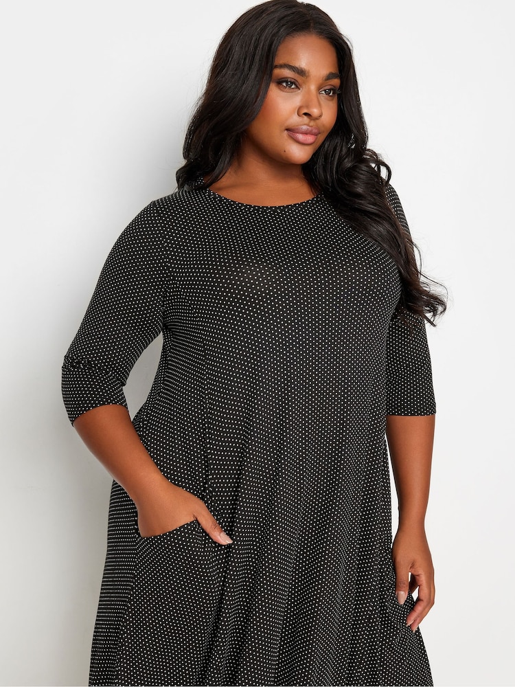 Yours Curve Black Black Polka Dot Pocket Dress - Image 4 of 4
