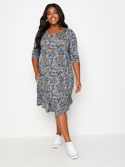 Yours Curve Blue Black Polka Dot Pocket Dress - Image 1 of 5