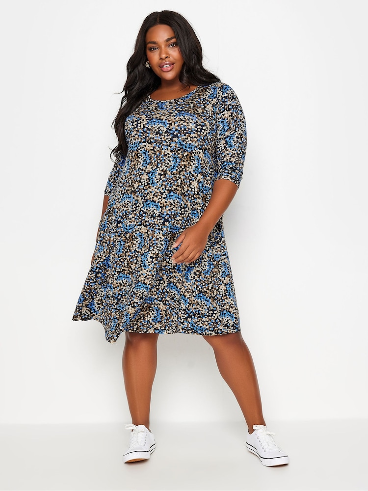 Yours Curve Blue Black Polka Dot Pocket Dress - Image 2 of 5