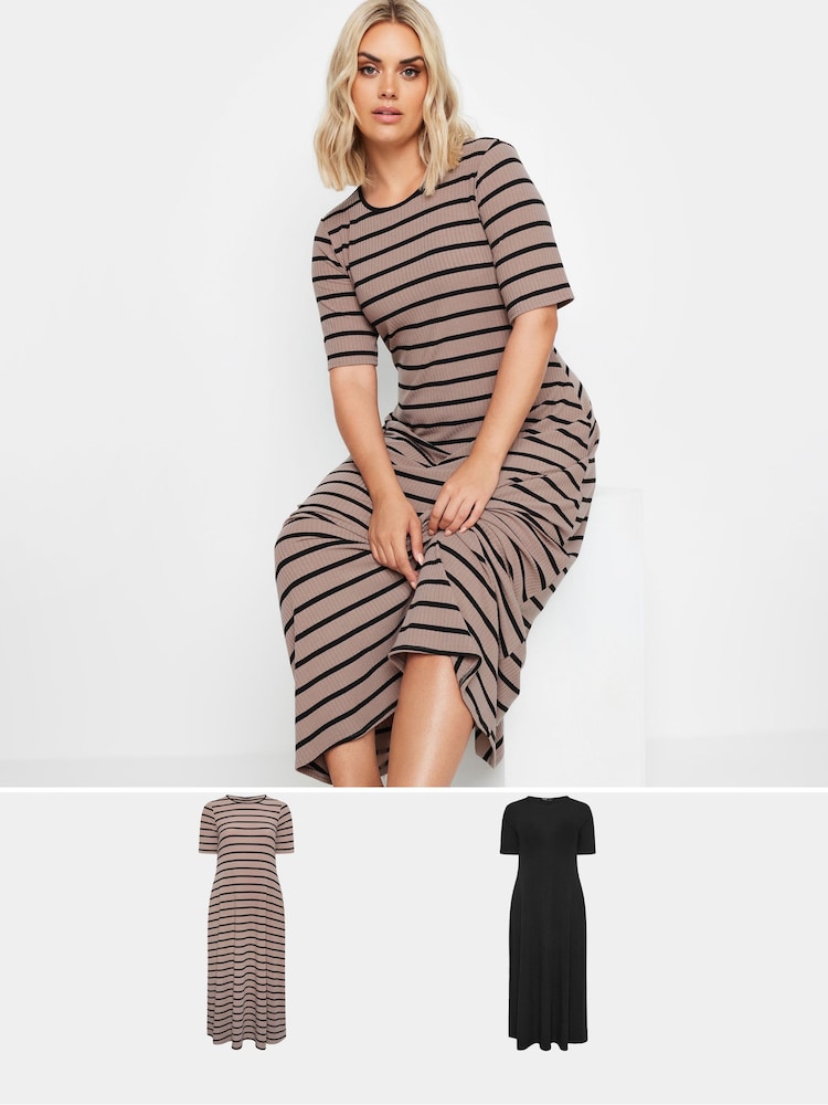 Black & Brown Stripe - Yours Curve Ribbed Swing Maxi Dresses 2 Pack - Imagen 1 de 8 Black & Brown Stripe - Yours Curve Ribbed Swing Maxi Dresses 2 Pack - Imagen 1 de 8