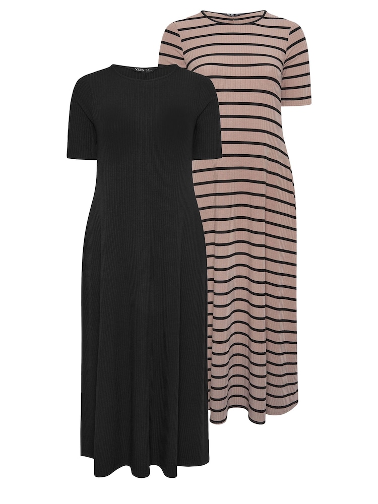 Yours Curve Black & Brown Stripe Ribbed Swing Maxi Dresses 2 Pack - Image 6 of 8