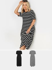 Yours Curve Black & White Stripe Ribbed Swing Maxi Dresses 2 Pack - Image 1 of 6