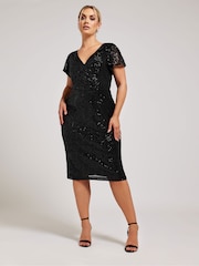 Yours Curve Black Sequin Wrap Shift Dress - Image 1 of 6