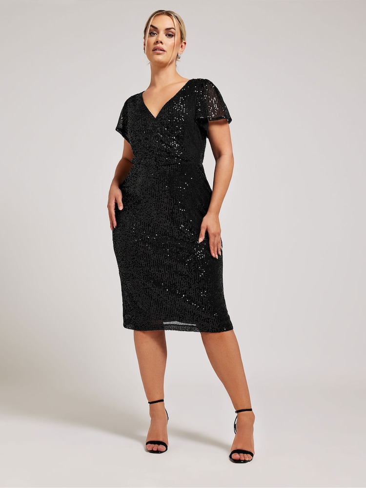 Yours Curve Black Sequin Wrap Shift Dress - Image 1 of 6