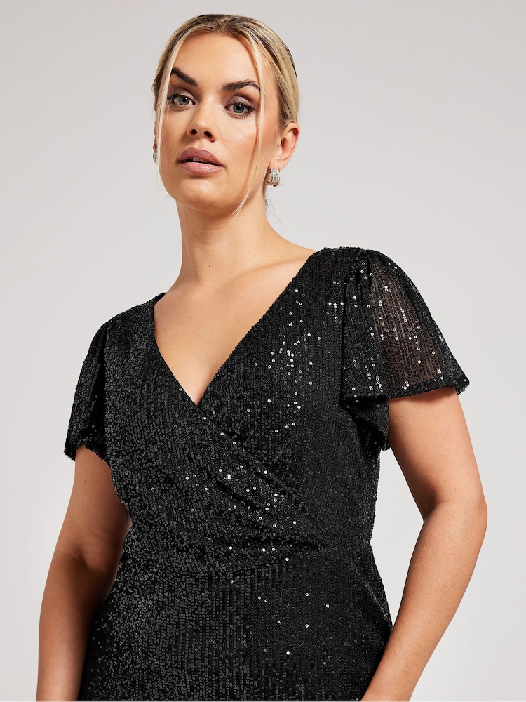 Yours Curve Black Sequin Wrap Shift Dress - Image 2 of 6