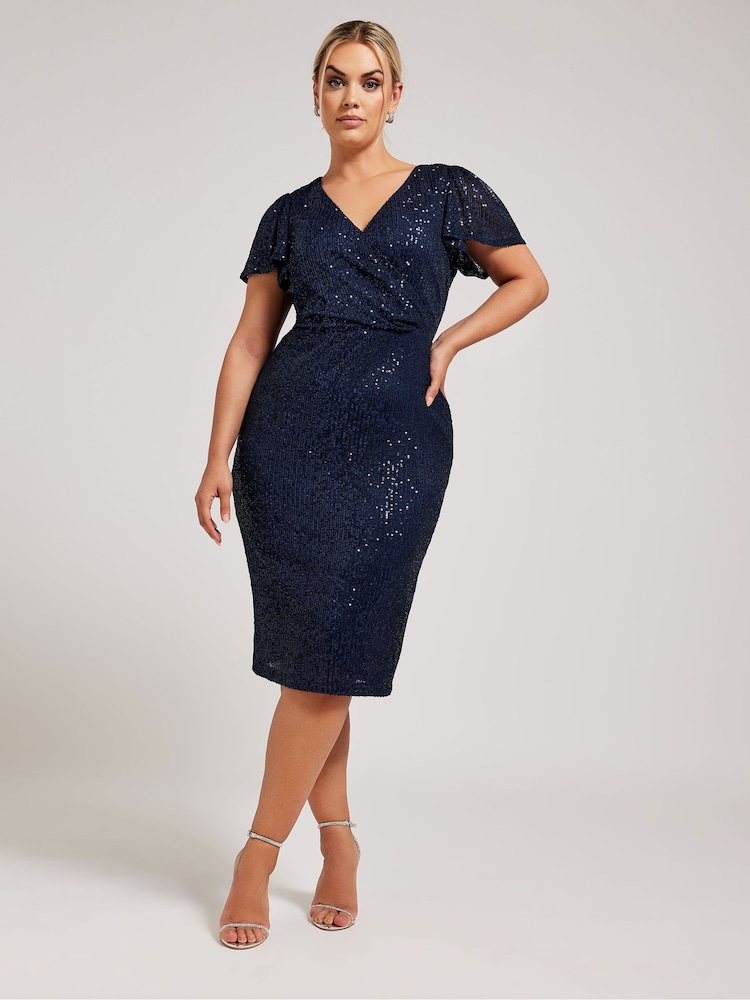 Yours Curve Blue Sequin Wrap Shift Dress - Image 1 of 6