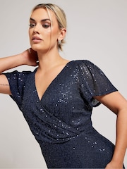 Yours Curve Blue Sequin Wrap Shift Dress - Image 2 of 6