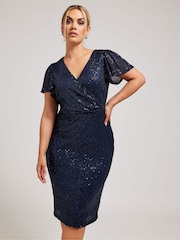 Yours Curve Blue Sequin Wrap Shift Dress - Image 4 of 6