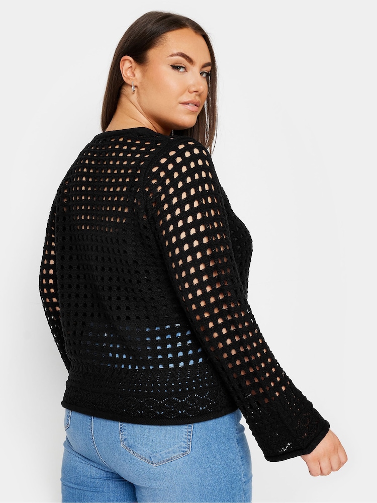 Yours Curve Black Button Through Crochet Cardigan - Image 3 of 5