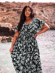Yours Curve Black Dotted Leaf Print Linen Maxi Dress - Image 1 of 6