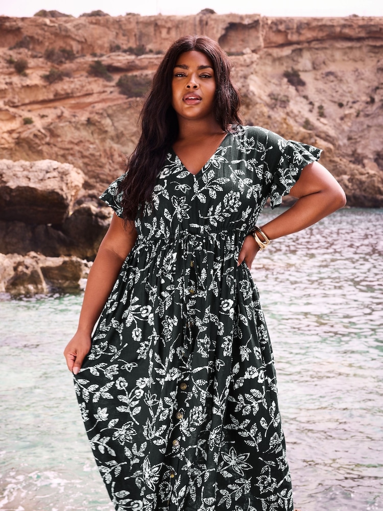 Yours Curve Black Dotted Leaf Print Linen Maxi Dress - Image 1 of 6