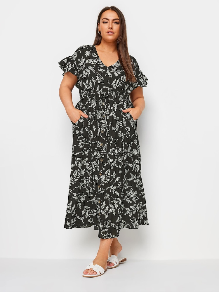 Yours Curve Black Dotted Leaf Print Linen Maxi Dress - Image 2 of 6