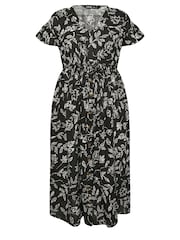 Yours Curve Black Dotted Leaf Print Linen Maxi Dress - Image 6 of 6