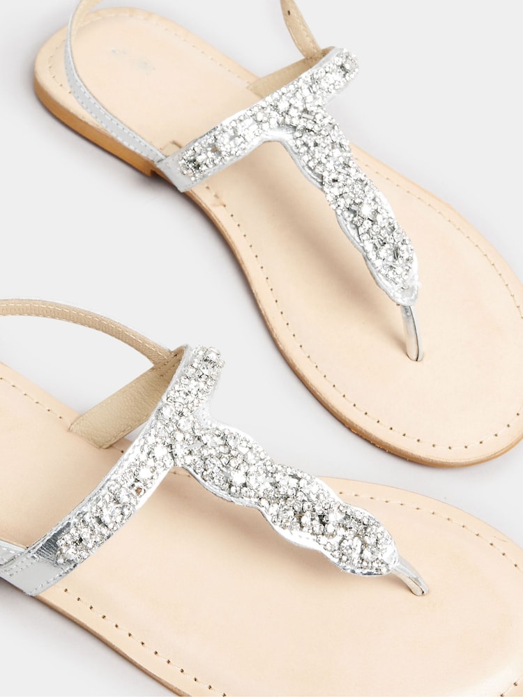 Long Tall Sally Silver Diamante Embellished Leather Sandals In Standard Fit - Image 5 of 5